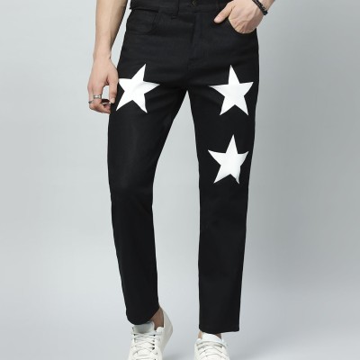 Men's Regular Mid Rise Star Print Black Jeans