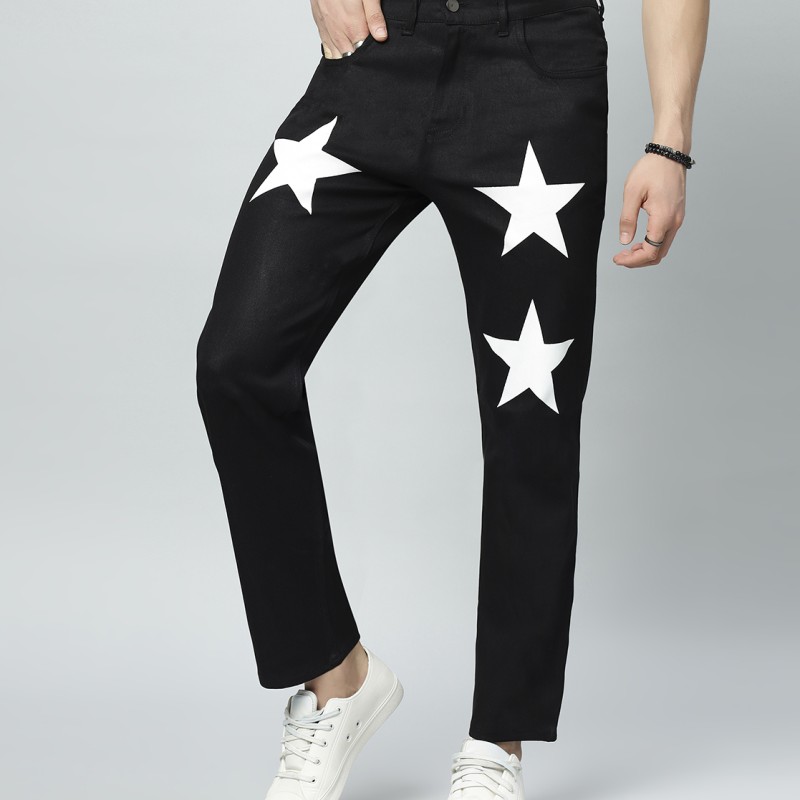 Men's Regular Mid Rise Star Print Black Jeans