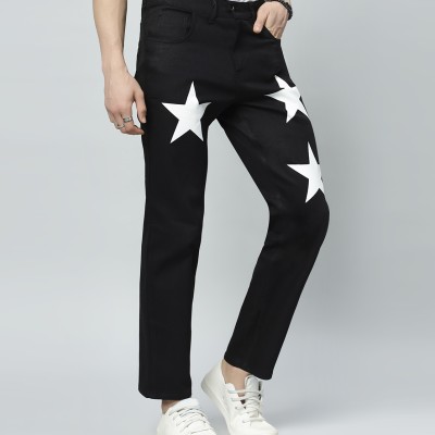 Men's Regular Mid Rise Star Print Black Jeans