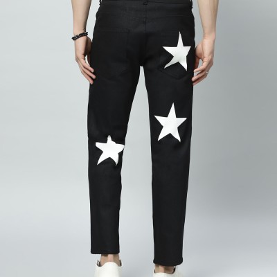 Men's Regular Mid Rise Star Print Black Jeans