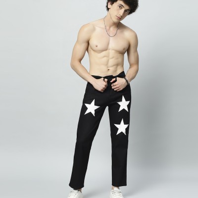 Men's Regular Mid Rise Star Print Black Jeans