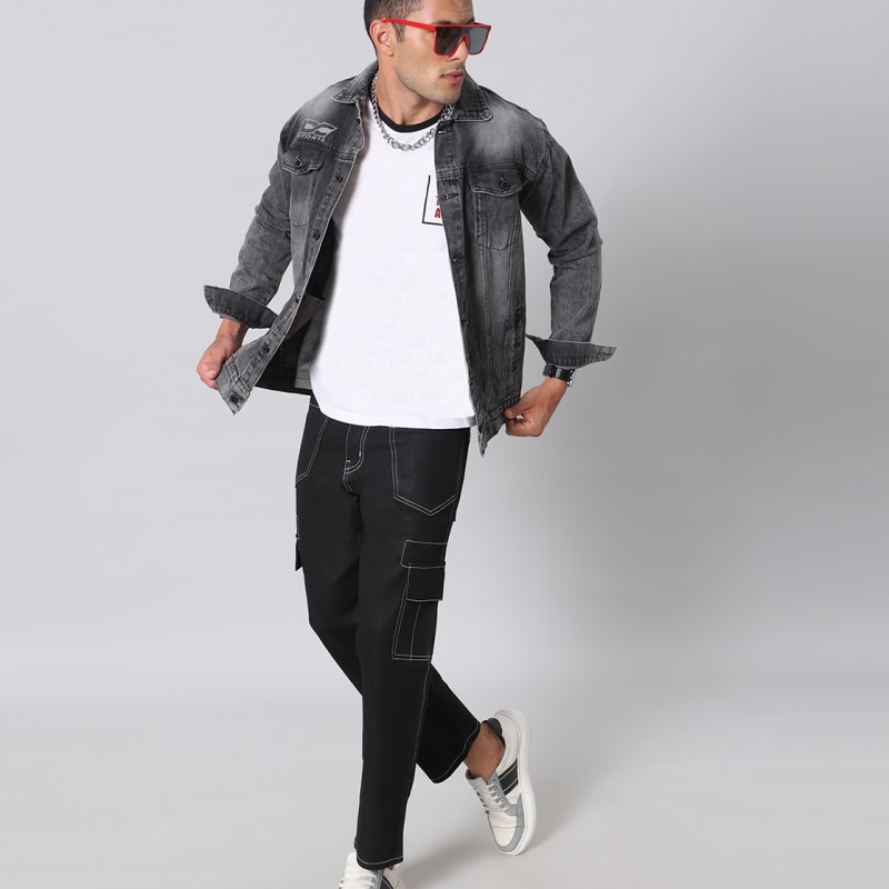 Black Denim Jackets for Men With Printed Design