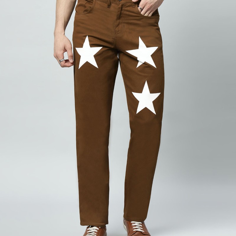 Men's Regular Mid Rise Star Print Brown Jeans