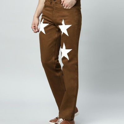 Men's Regular Mid Rise Star Print Brown Jeans