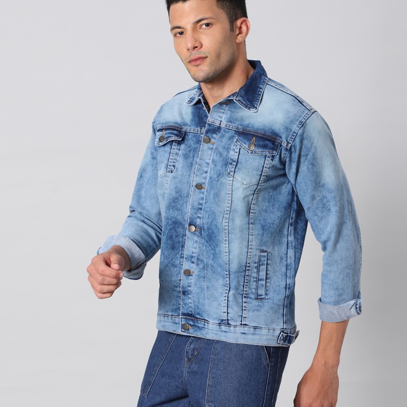 Washed Blue Slim Fit Denim Jacket By Arbia Funki