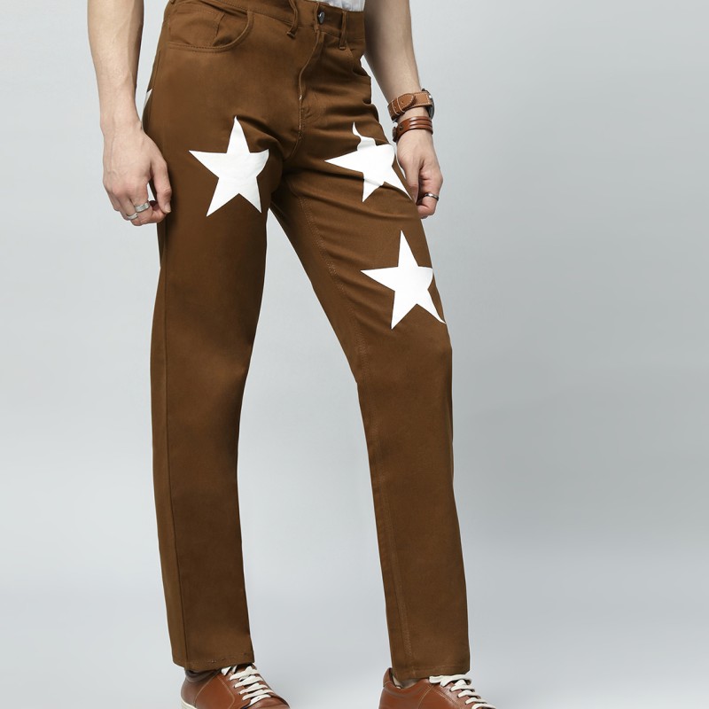 Men's Regular Mid Rise Star Print Brown Jeans