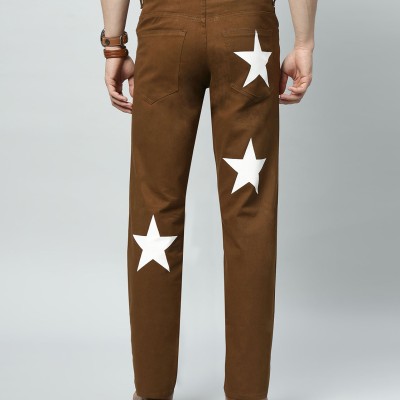 Men's Regular Mid Rise Star Print Brown Jeans