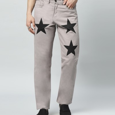 Men's Regular Mid Rise Star Print Gray Jeans