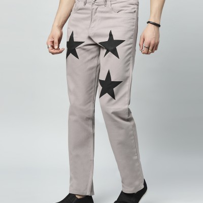 Men's Regular Mid Rise Star Print Gray Jeans