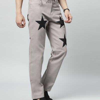 Men's Regular Mid Rise Star Print Gray Jeans