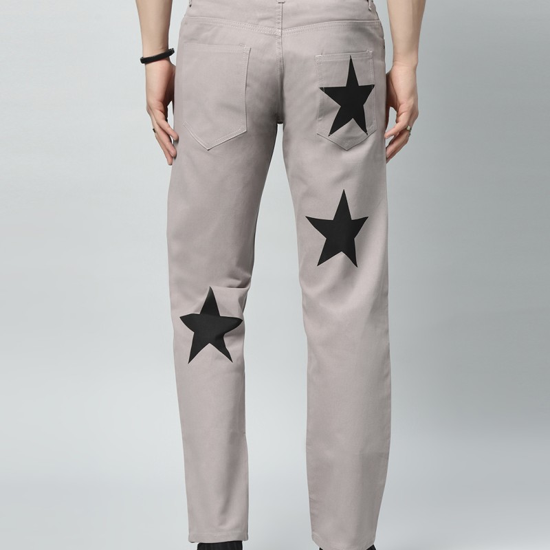 Men's Regular Mid Rise Star Print Gray Jeans