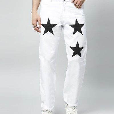 Men's Regular Mid Rise Star Print White Jeans