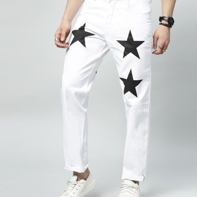 Men's Regular Mid Rise Star Print White Jeans