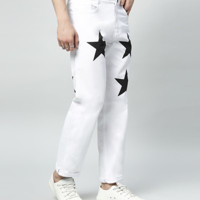 Men's Regular Mid Rise Star Print White Jeans