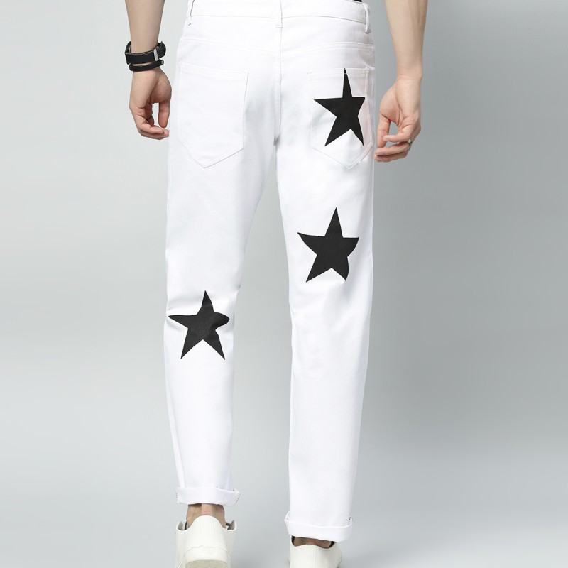 Men's Regular Mid Rise Star Print White Jeans