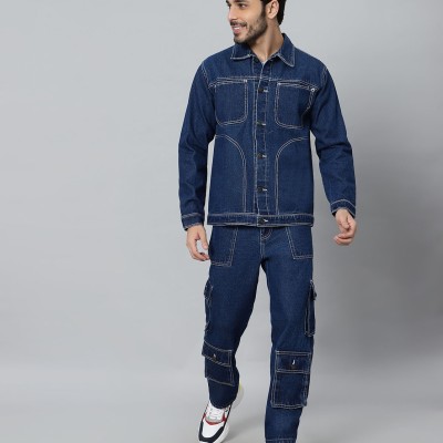 Regular Fit Blue Denim Cargo & Jacket CO-ORD Set For Men