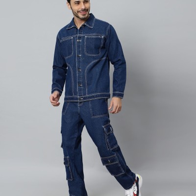 Regular Fit Blue Denim Cargo & Jacket CO-ORD Set For Men