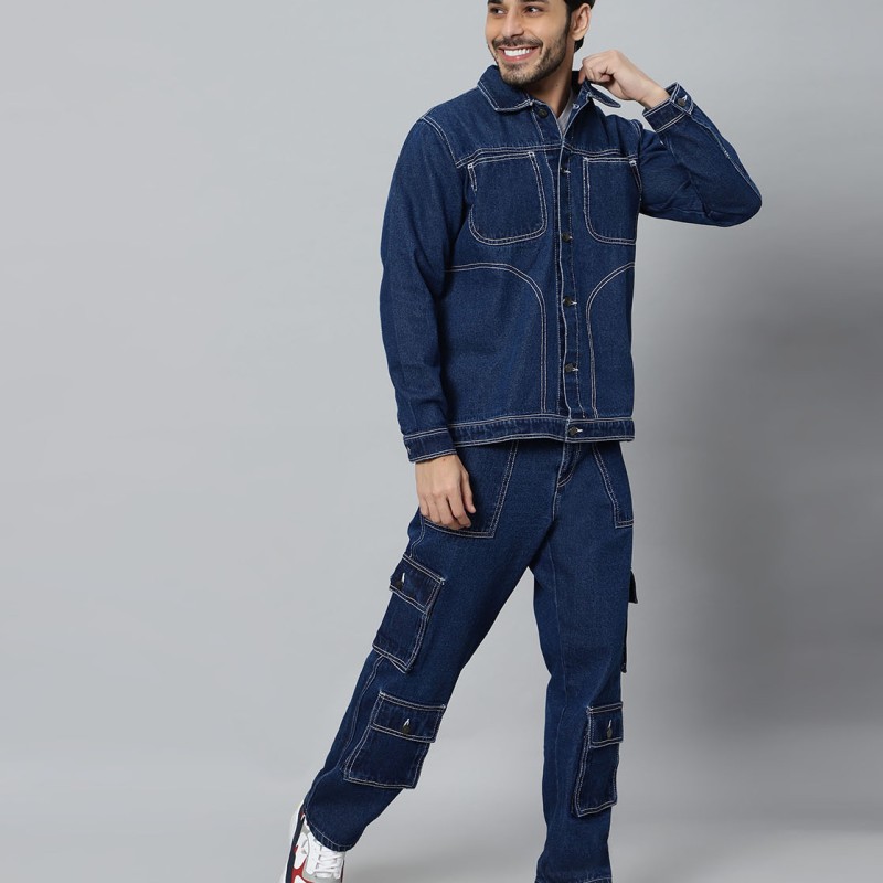 Regular Fit Blue Denim Cargo & Jacket CO-ORD Set For Men