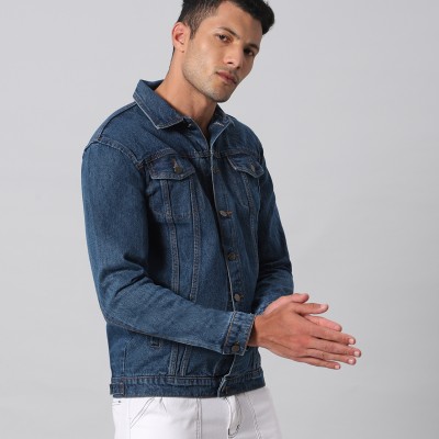 Washed Dark Blue Slim Fit Denim Jacket By Arbia Funki