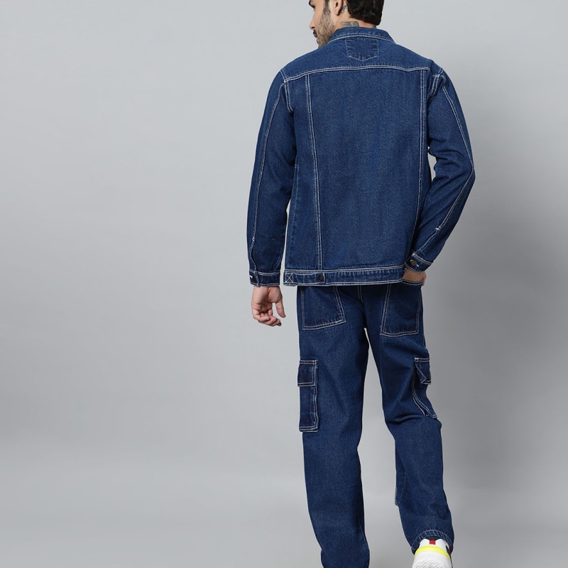 Regular Fit Blue Denim Cargo & Jacket CO-ORD Set For Men