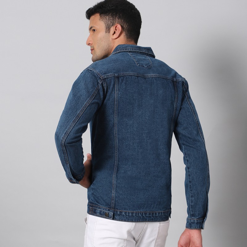 Washed Dark Blue Slim Fit Denim Jacket By Arbia Funki