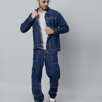 Regular Fit Blue Denim Cargo & Jacket CO-ORD Set For Men