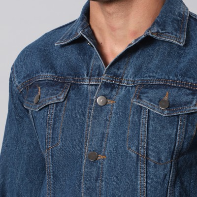 Washed Dark Blue Slim Fit Denim Jacket By Arbia Funki