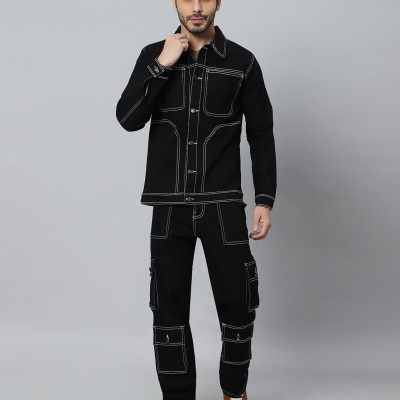 Regular Fit Black Denim Cargo & Jacket CO-ORD Set For Men