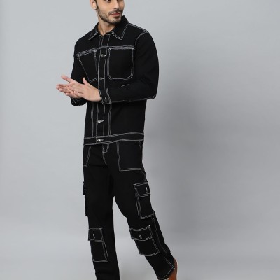 Regular Fit Black Denim Cargo & Jacket CO-ORD Set For Men