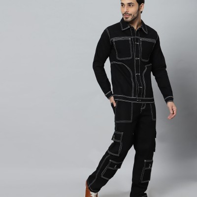 Regular Fit Black Denim Cargo & Jacket CO-ORD Set For Men