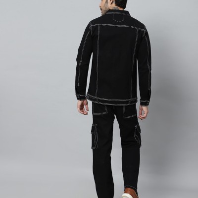 Regular Fit Black Denim Cargo & Jacket CO-ORD Set For Men