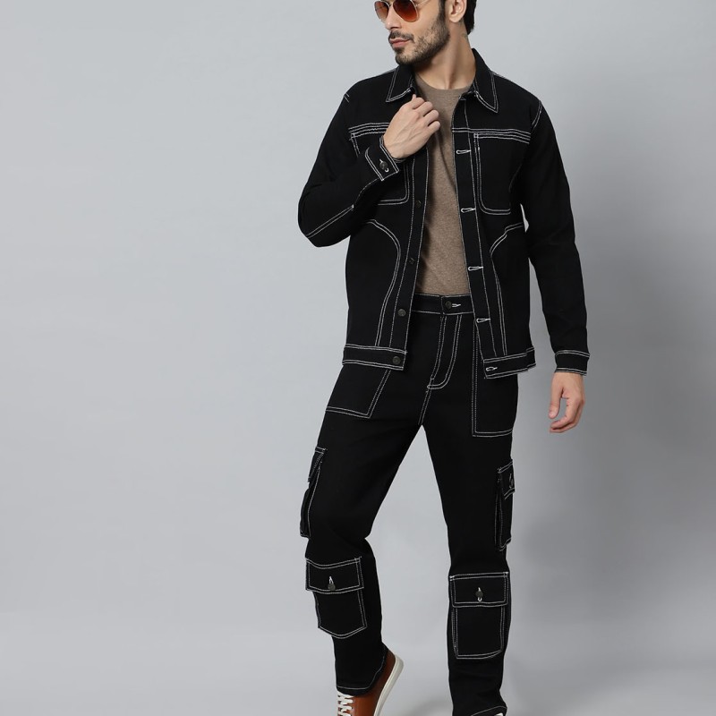 Regular Fit Black Denim Cargo & Jacket CO-ORD Set For Men