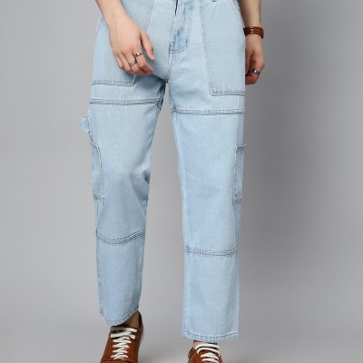 Light Blue Solid Full Length High Rise Casual Men Cargo Jeans