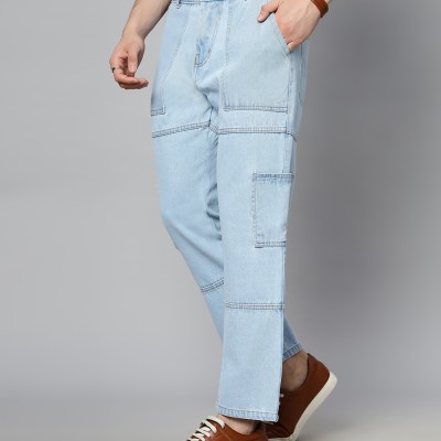 Light Blue Solid Full Length High Rise Casual Men Cargo Jeans