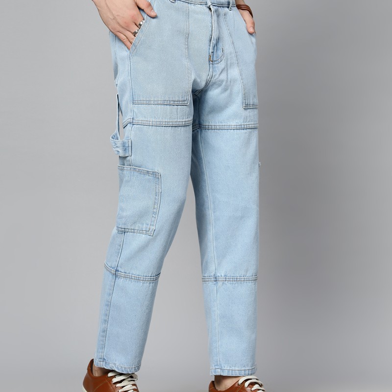 Light Blue Solid Full Length High Rise Casual Men Cargo Jeans