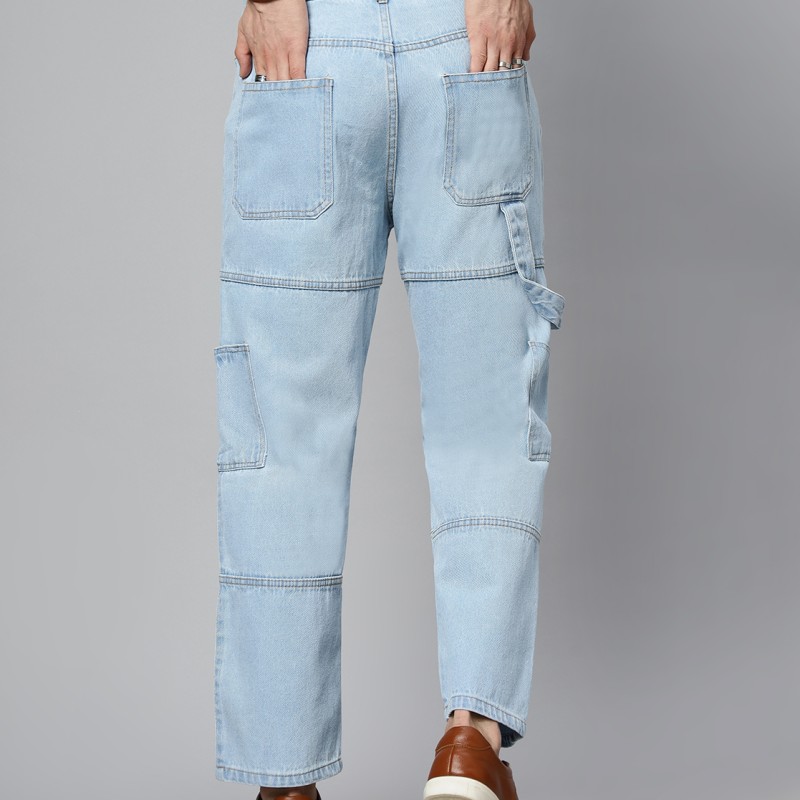 Light Blue Solid Full Length High Rise Casual Men Cargo Jeans