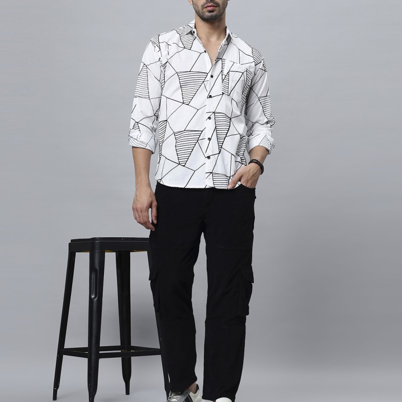 Black Embroidered With White Cotton Shirt