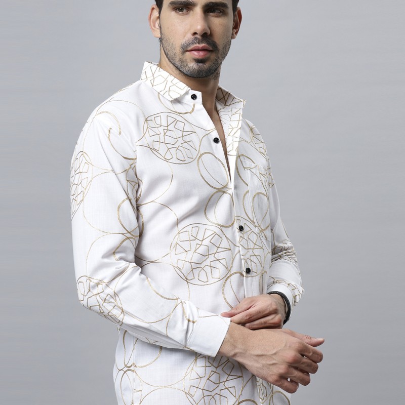 Golgen Embroidered With White Cotton Shirt