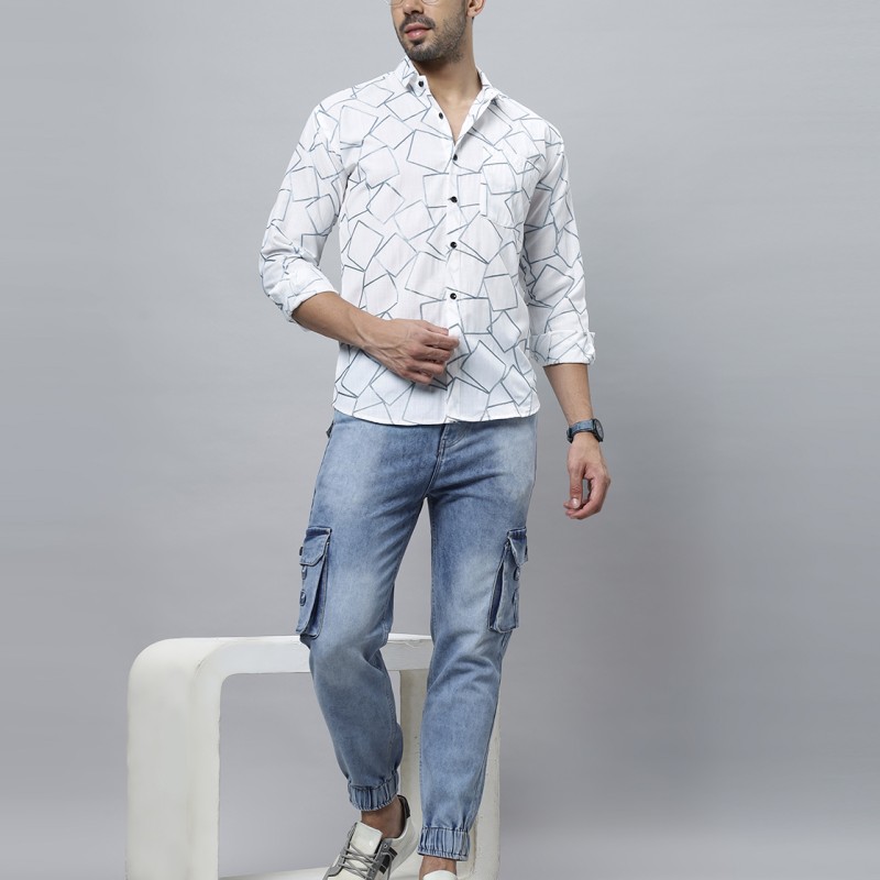 Blue Embroidered With White Cotton Shirt