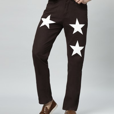 Men's Regular Mid Rise Star Print Maroon Jeans