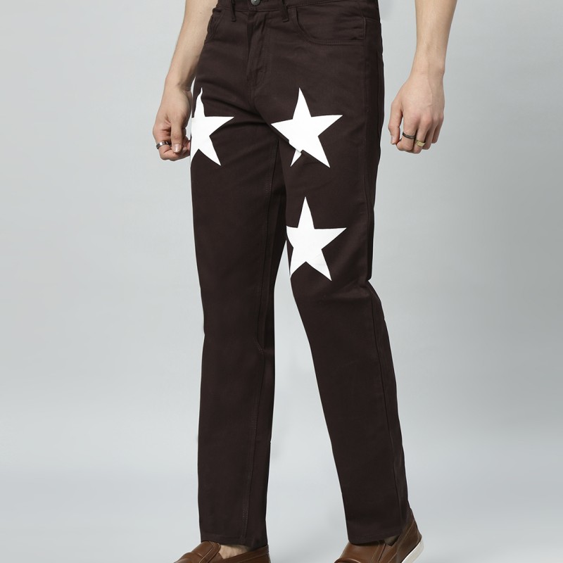 Men's Regular Mid Rise Star Print Maroon Jeans