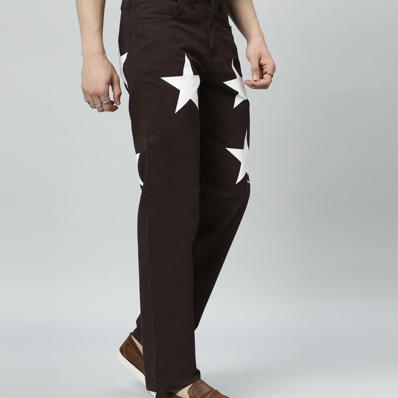 Men's Regular Mid Rise Star Print Maroon Jeans