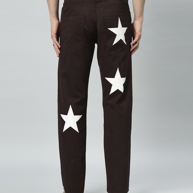 Men's Regular Mid Rise Star Print Maroon Jeans