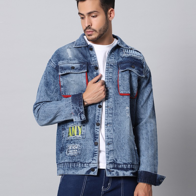 Asos Denim Jacket With Stud And Skull Print Detail Blue