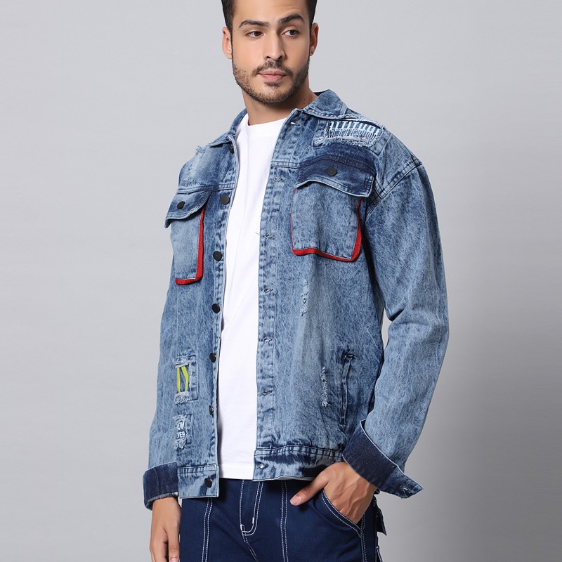 Asos Denim Jacket With Stud And Skull Print Detail Blue