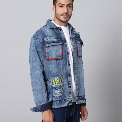 Asos Denim Jacket With Stud And Skull Print Detail Blue