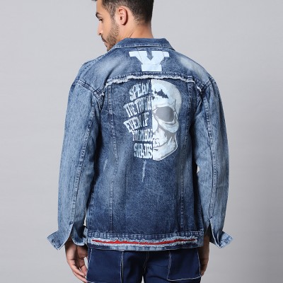 Asos Denim Jacket With Stud And Skull Print Detail Blue