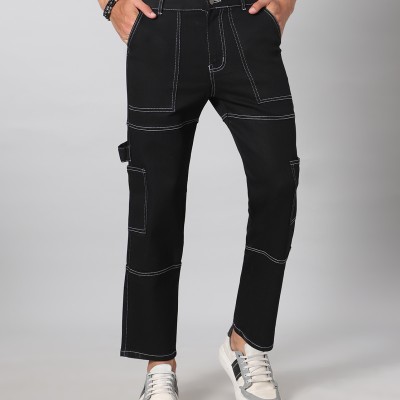 Black Solid Full Length High Rise Casual Men Cargo Jeans