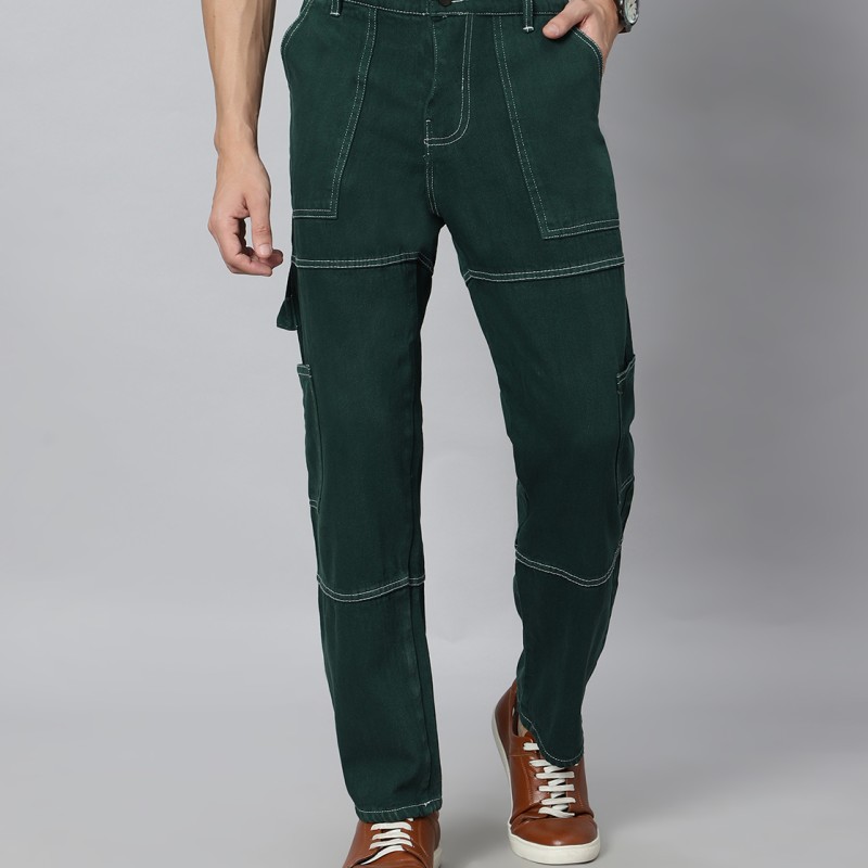 Dark Green Solid Full Length High Rise Casual Men Cargo Jeans