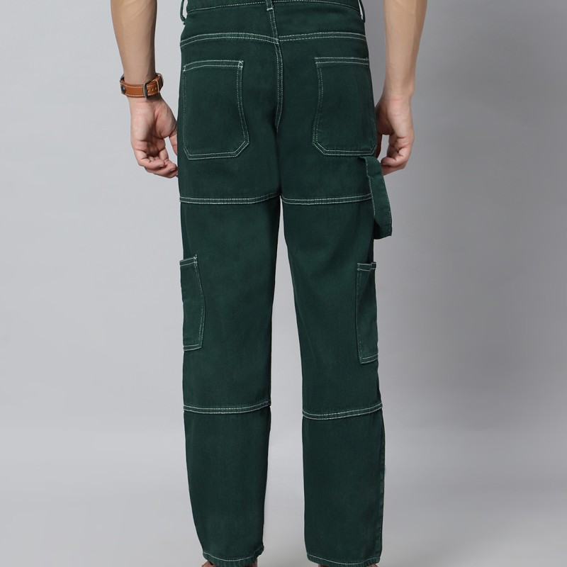 Dark Green Solid Full Length High Rise Casual Men Cargo Jeans